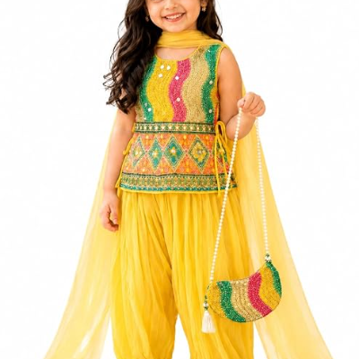 Girls Clothing Set Yellow Embroidered Salwar Suit 